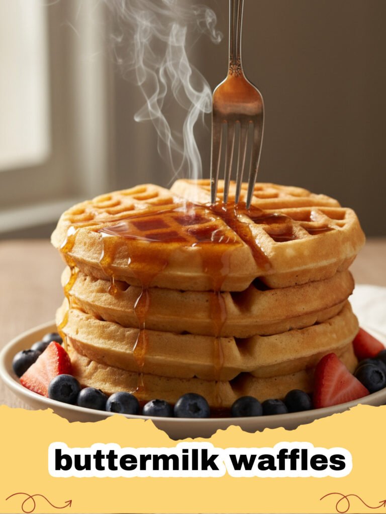 A stack of golden, fluffy buttermilk waffles drizzled with maple syrup and fresh berries.