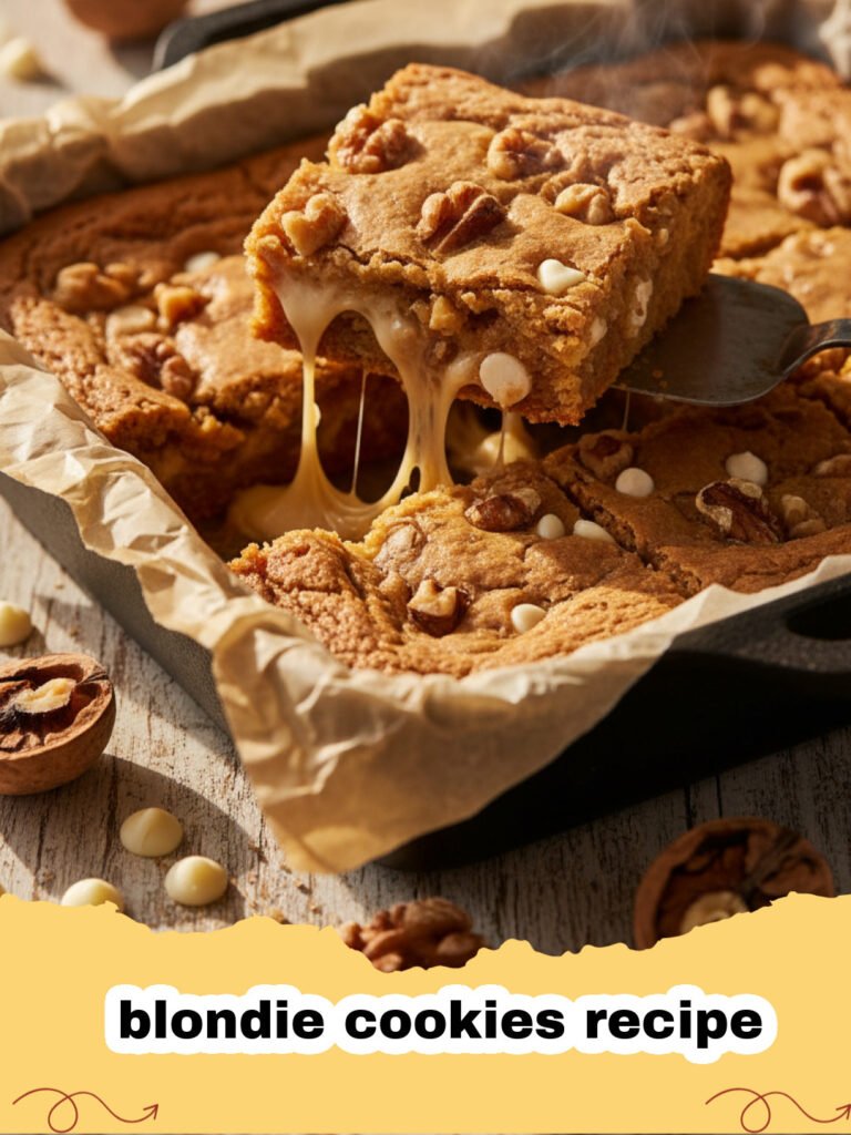 blondie cookies recipe - Close-up of freshly baked chewy blondie cookies cut into squares, with some chocolate chips visible.