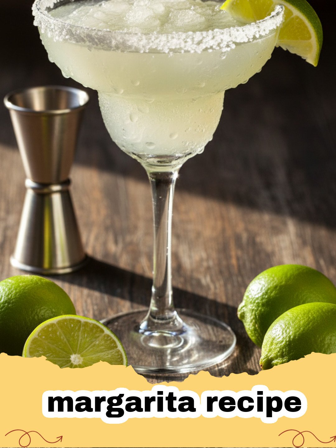 margarita recipe - Two classic margaritas with salted rims and lime garnishes, sitting on a wooden table, with a blurred background of a sunny patio.