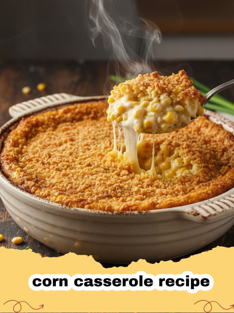 corn casserole recipe - Golden brown and bubbly creamy corn casserole in a baking dish, ready to be served.