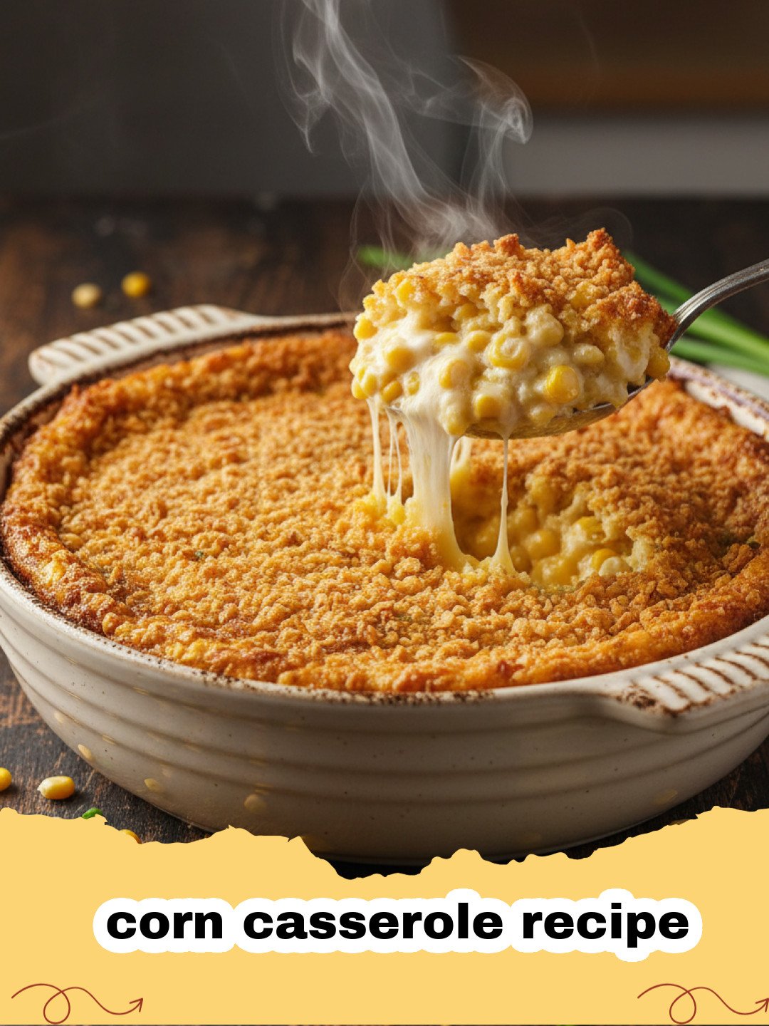 corn casserole recipe - Golden brown and bubbly creamy corn casserole in a baking dish, ready to be served.