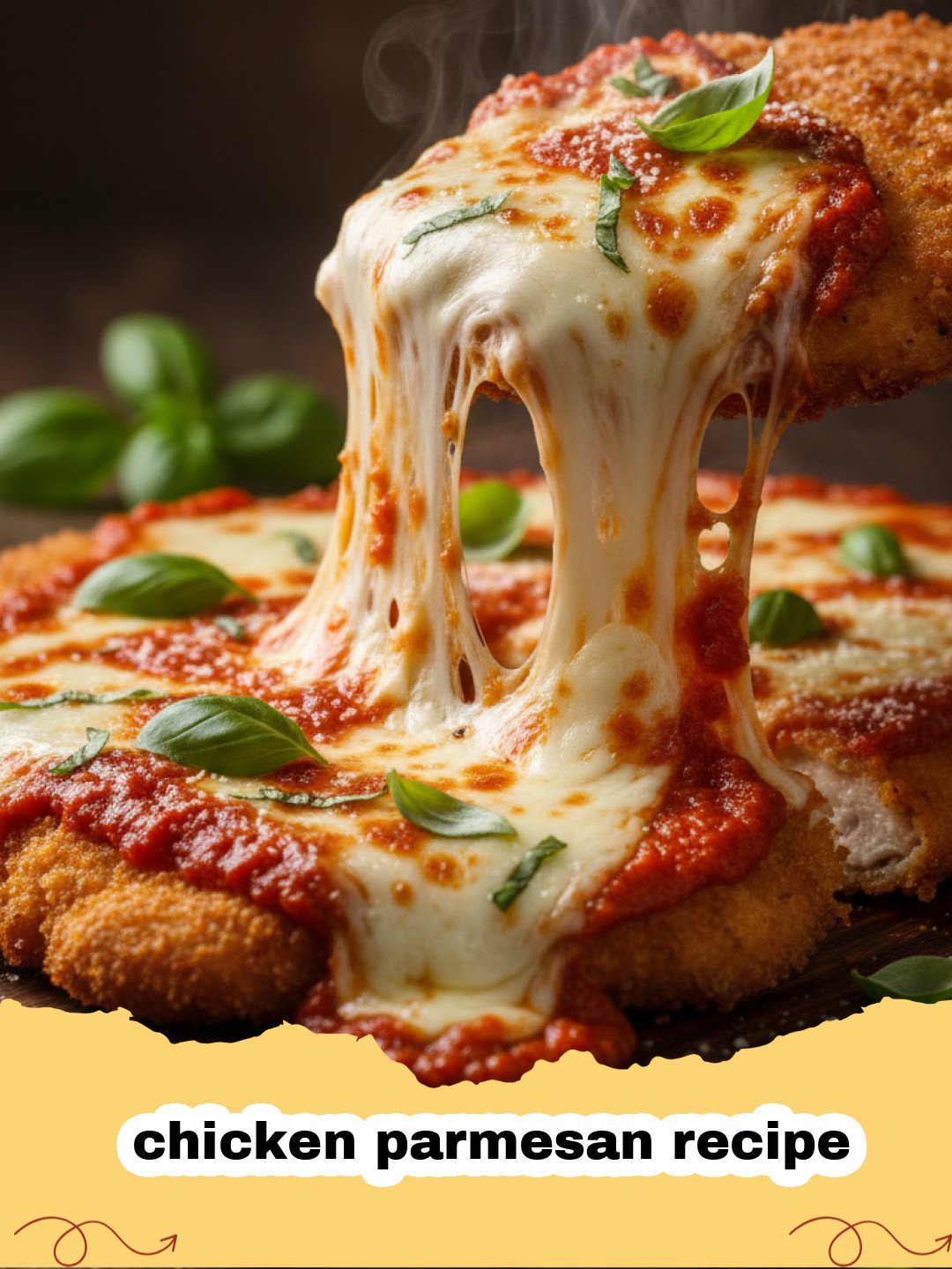 chicken parmesan recipe - Close-up of a golden-brown, crispy chicken parmesan cutlet topped with melted mozzarella and fresh basil, served in a cast iron skillet.