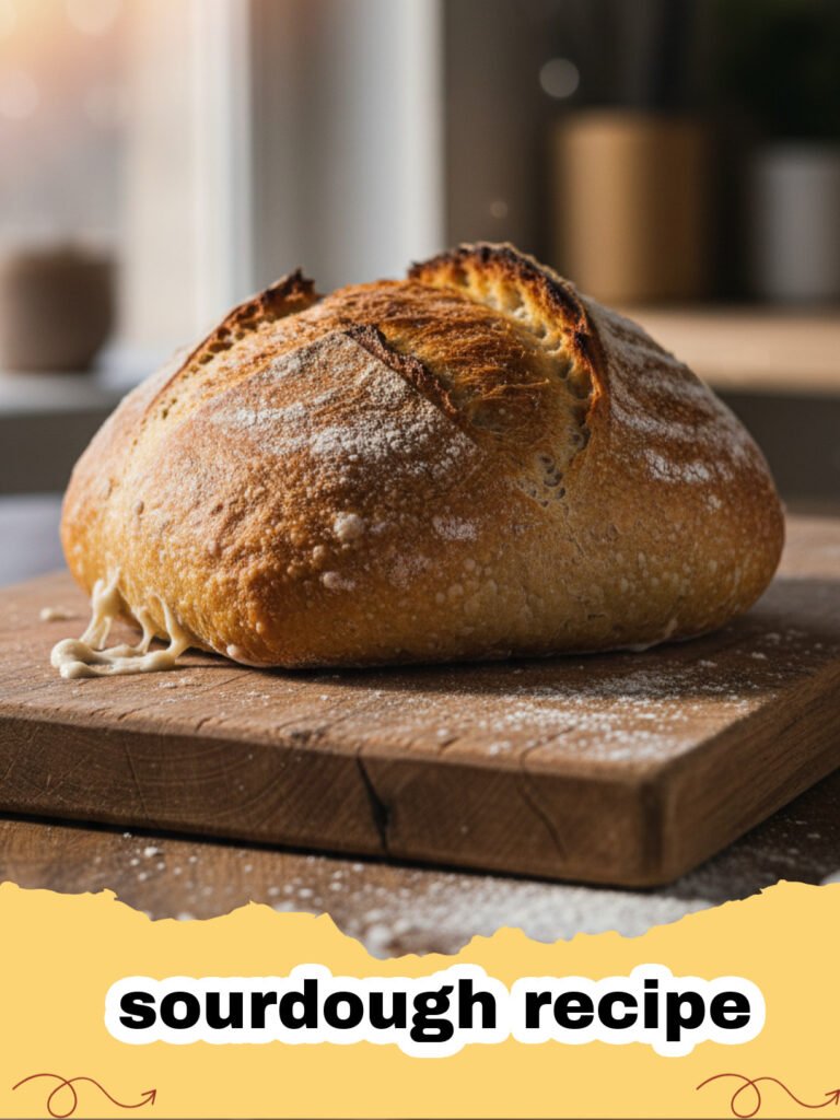 sourdough recipe - A freshly baked loaf of artisan sourdough bread with a prominent ear and flour dusting.