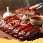 Close-up of Fall Off the Bone Oven Baked BBQ Ribs, glistening with sauce and ready to be served.