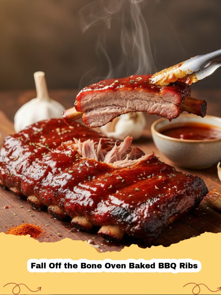 Close-up of Fall Off the Bone Oven Baked BBQ Ribs, glistening with sauce and ready to be served.