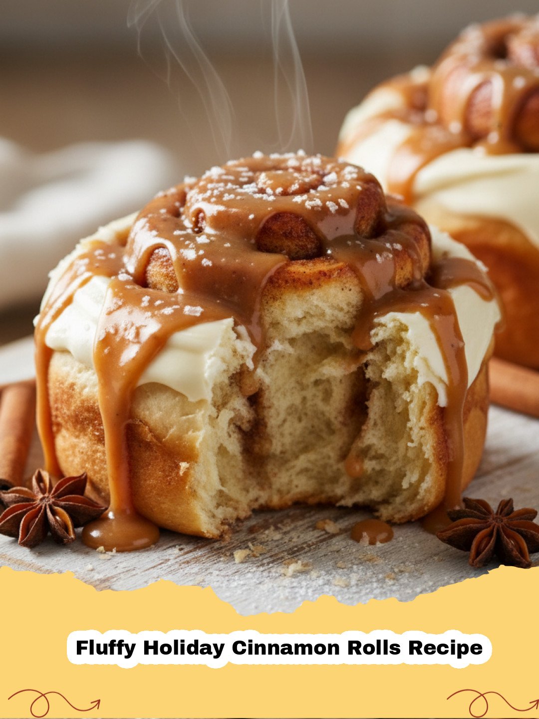 Fluffy Holiday Cinnamon Rolls Recipe - Close-up of warm, frosted Fluffy Holiday Cinnamon Rolls on a baking dish.