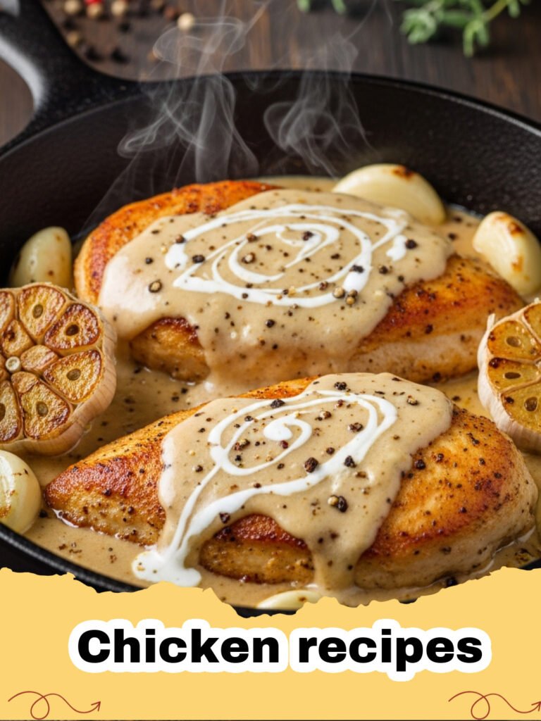 Chicken recipes - Golden brown crispy garlic butter chicken thighs in a cast iron skillet