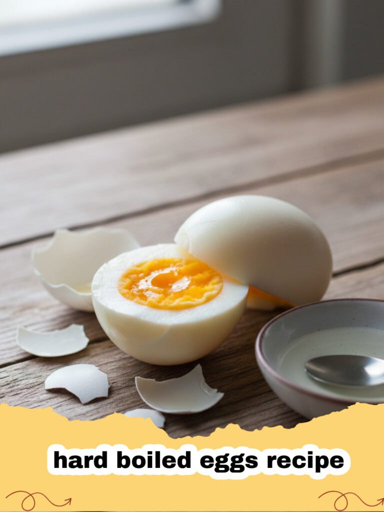 hard boiled eggs recipe - Perfectly peeled hard boiled eggs sliced in half on a wooden board.