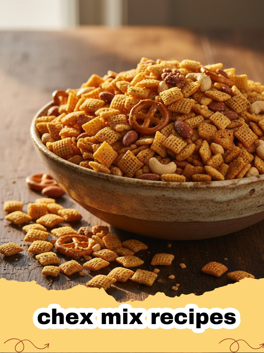 chex mix recipes - A large bowl of golden brown, savory homemade Chex Mix with cereals, pretzels, and nuts.
