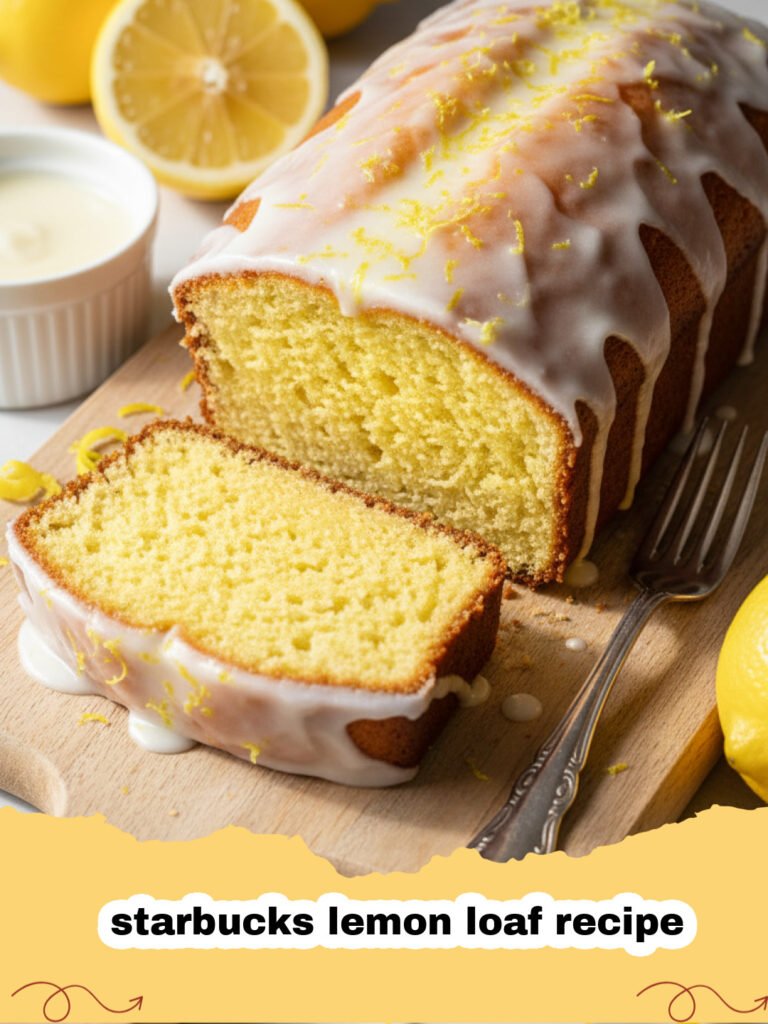 starbucks lemon loaf recipe - A moist, golden-yellow lemon loaf with a thick, white lemon glaze drizzled over the top, sitting on a cooling rack.