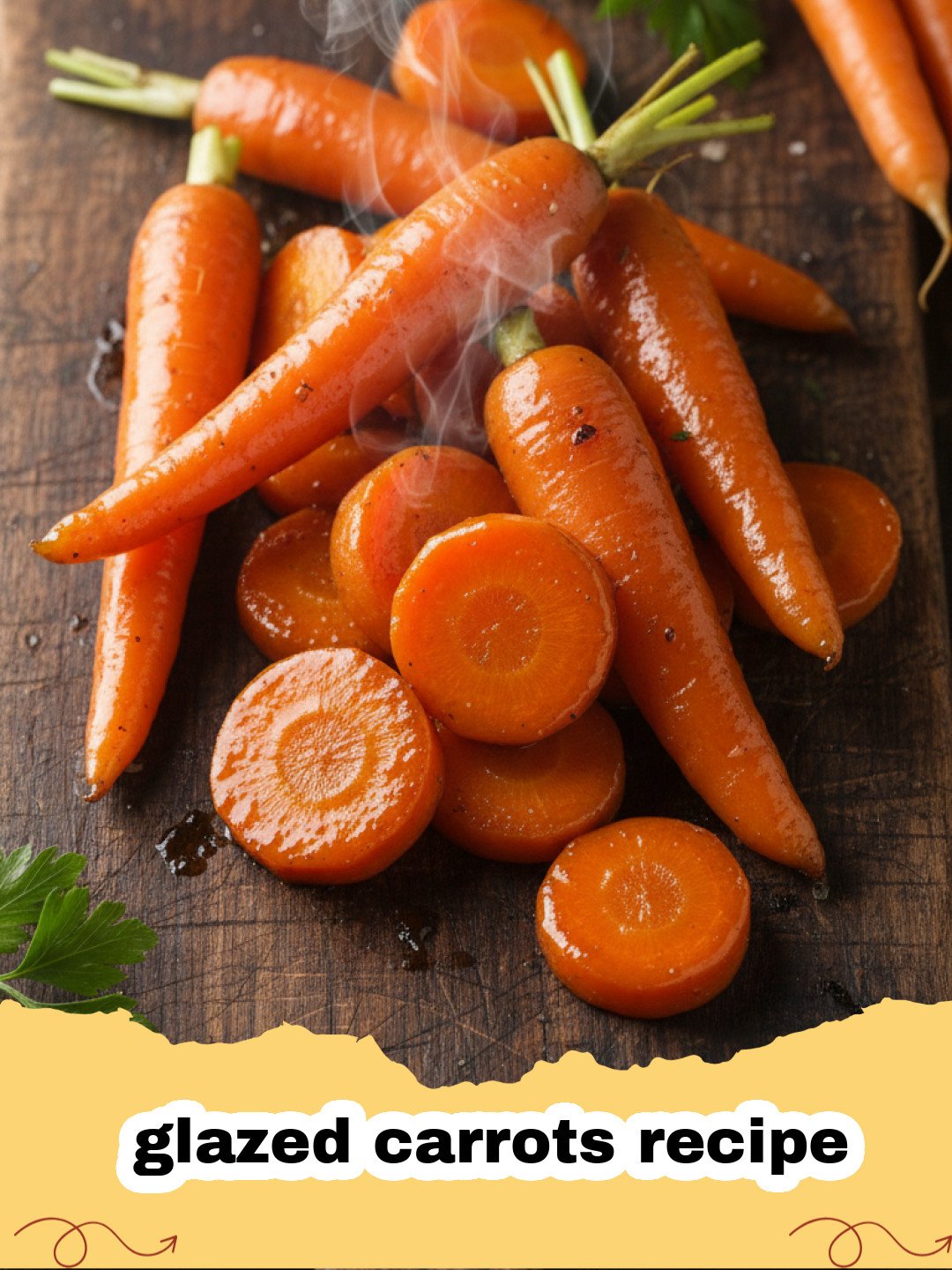 glazed carrots recipe - A close up shot of shiny, honey glazed carrots in a skillet garnished with parsley.
