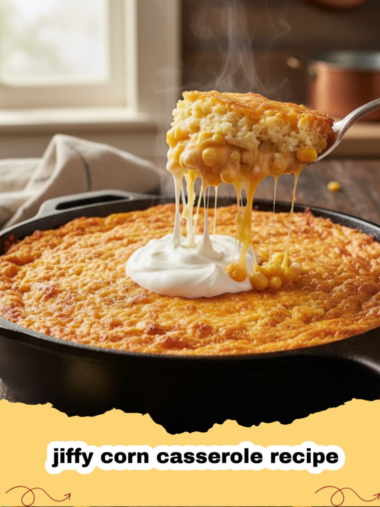 jiffy corn casserole recipe - A golden brown jiffy corn casserole served in a white baking dish.