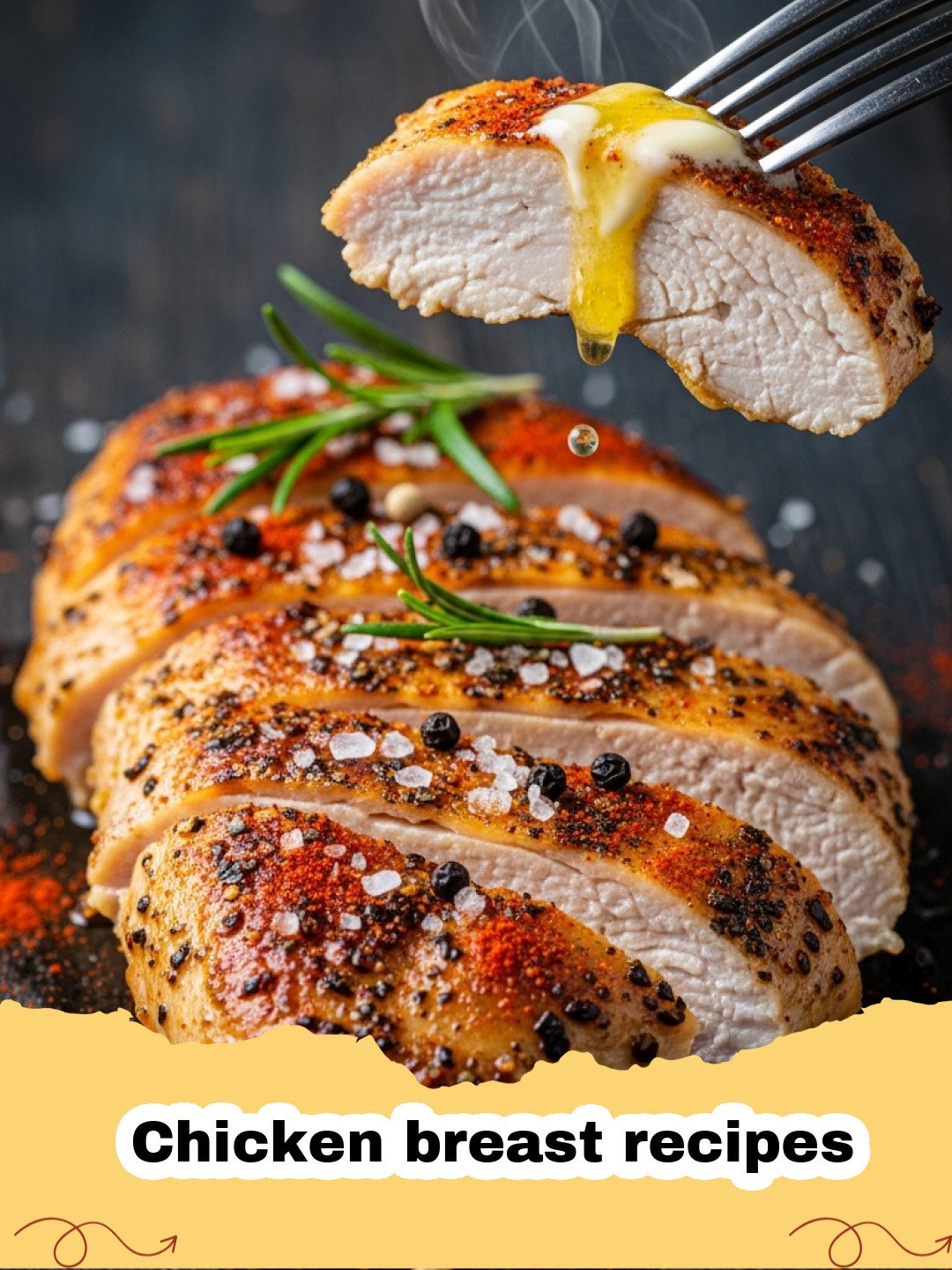 Chicken breast recipes - Golden brown roasted chicken breast with lemon slices and rosemary in a cast iron skillet.