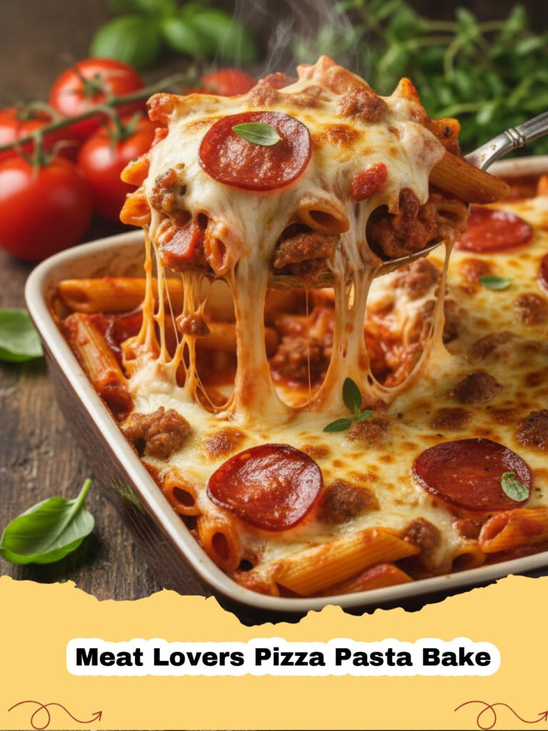 A close-up of a bubbling Meat Lovers Pizza Pasta Bake in a baking dish, topped with melted cheese and crispy pepperoni, with a serving spoon ready to dish out a portion.