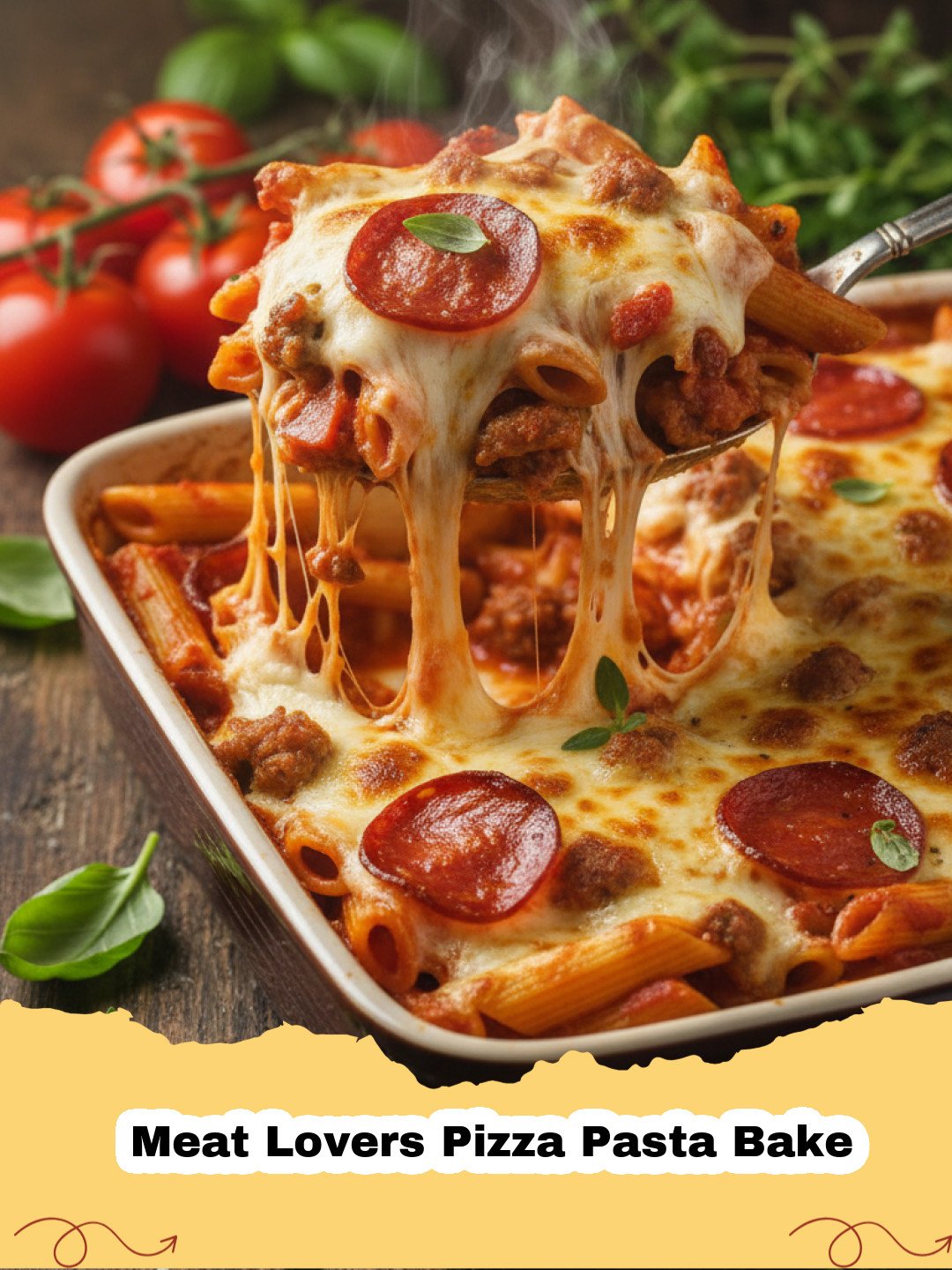 A close-up of a bubbling Meat Lovers Pizza Pasta Bake in a baking dish, topped with melted cheese and crispy pepperoni, with a serving spoon ready to dish out a portion.