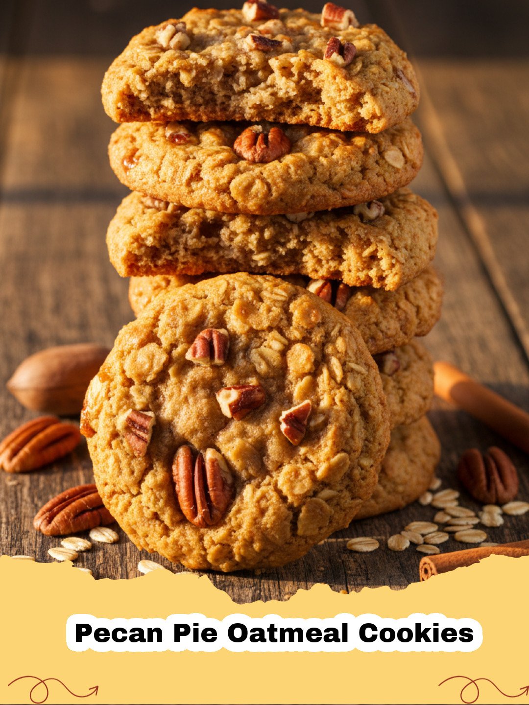 Close-up of a stack of Pecan Pie Oatmeal Cookies on a cooling rack with loose pecans and oats around.