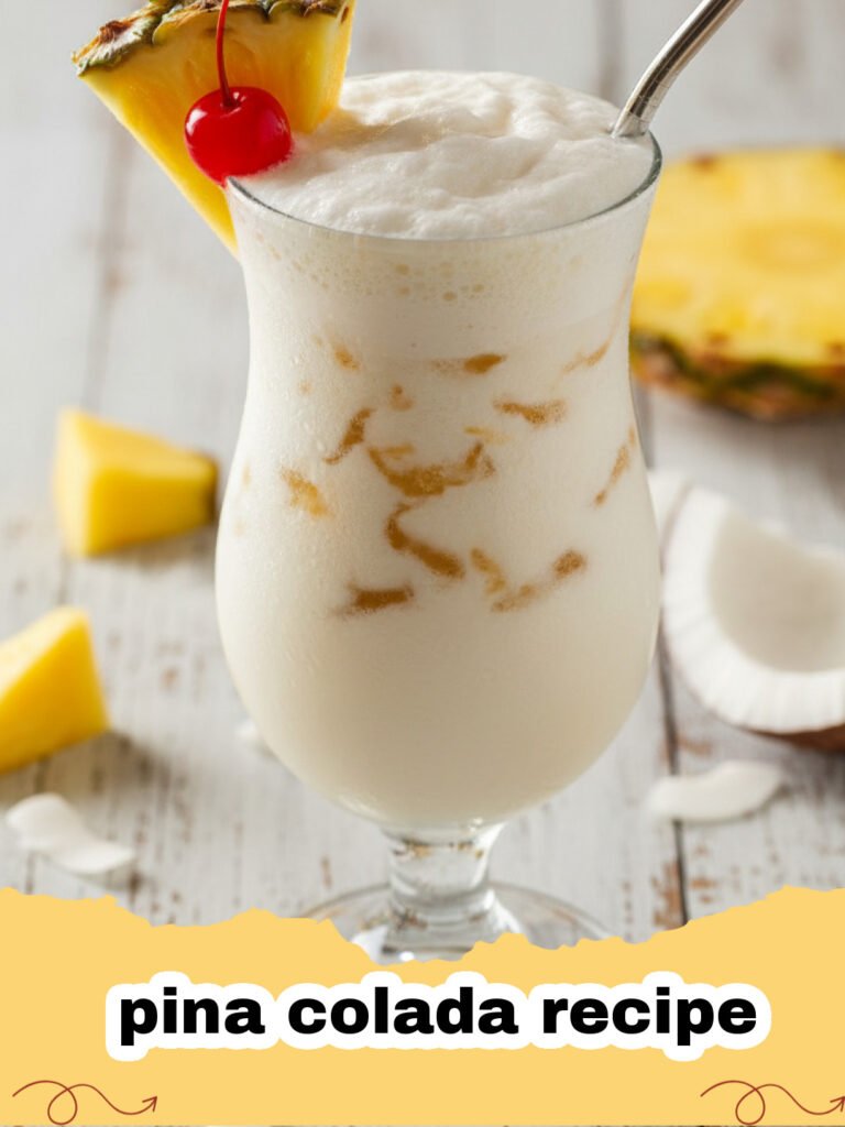 pina colada recipe - Two perfectly blended Piña Coladas garnished with pineapple wedges and cherries on a tropical background.