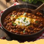 slow cooker chili recipe - A steaming bowl of homemade slow cooker beef chili topped with shredded cheese and fresh cilantro, with cornbread on the side.