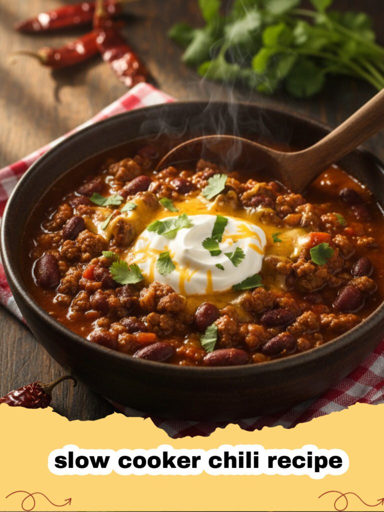 slow cooker chili recipe - A steaming bowl of homemade slow cooker beef chili topped with shredded cheese and fresh cilantro, with cornbread on the side.
