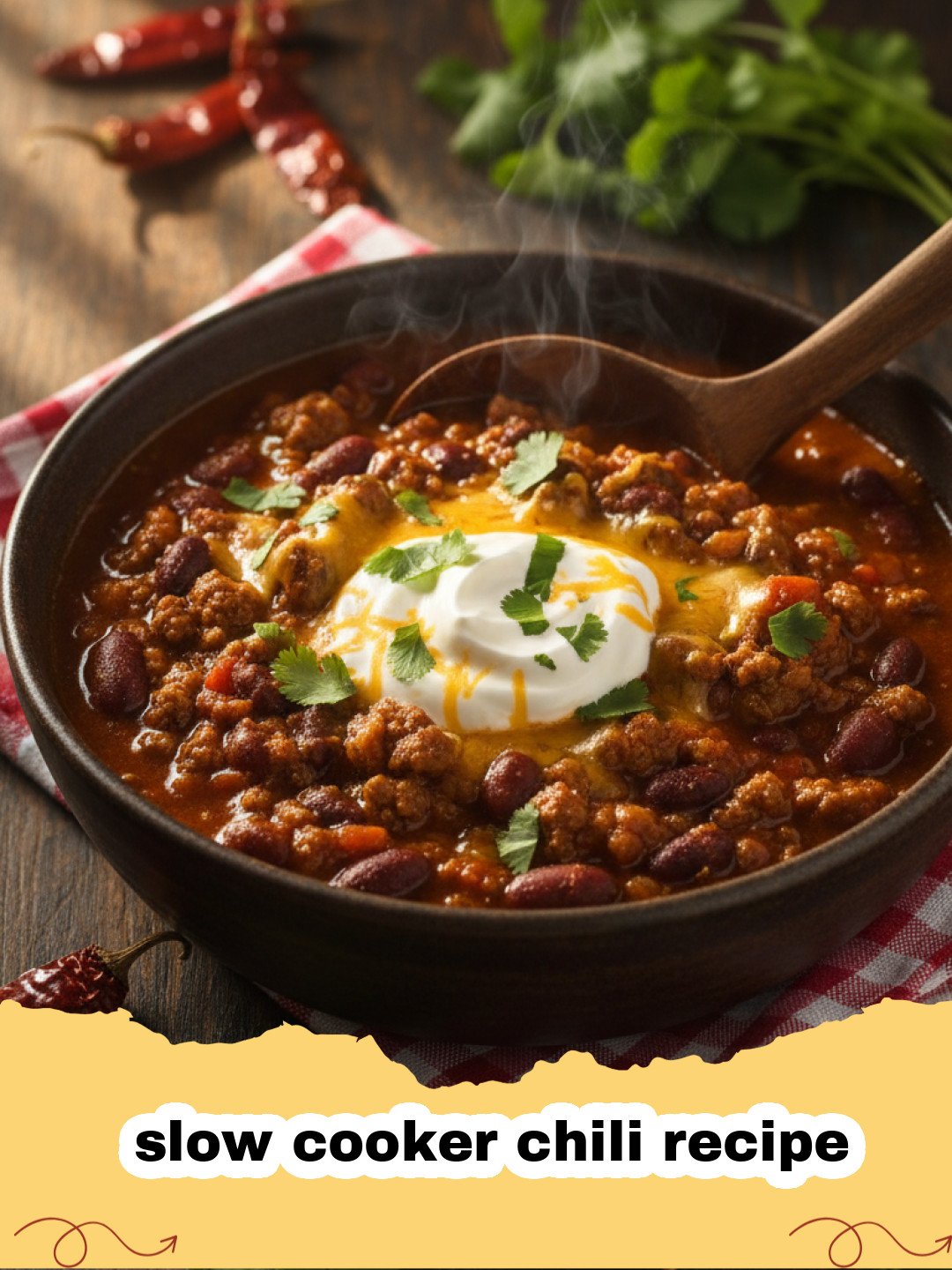 slow cooker chili recipe - A steaming bowl of homemade slow cooker beef chili topped with shredded cheese and fresh cilantro, with cornbread on the side.