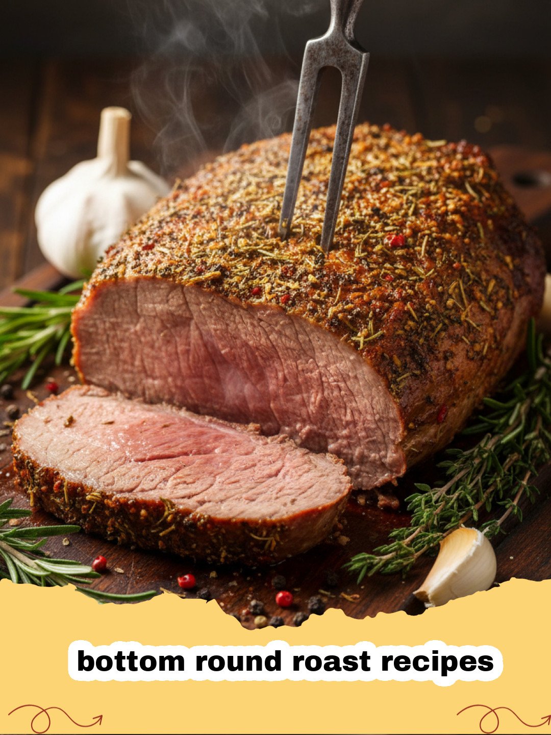 bottom round roast recipes - Tender, slow-cooked bottom round roast sliced and drizzled with gravy, surrounded by roasted vegetables.