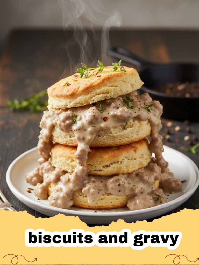 biscuits and gravy - A plate of warm, fluffy biscuits smothered in creamy white sausage gravy, ready to be eaten.