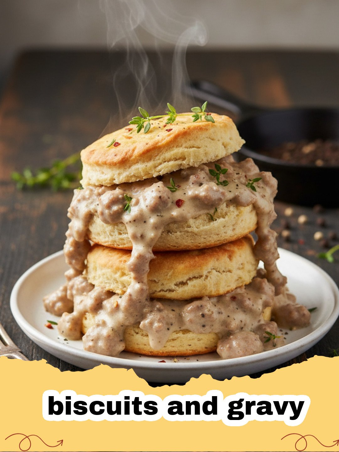 biscuits and gravy - A plate of warm, fluffy biscuits smothered in creamy white sausage gravy, ready to be eaten.