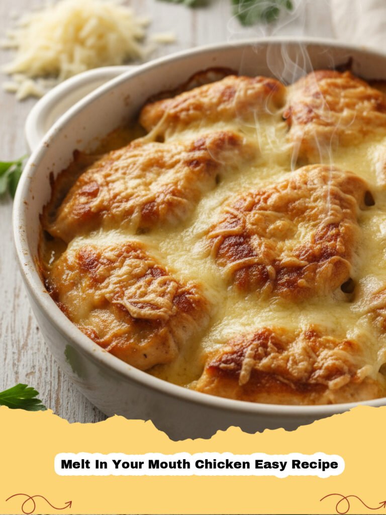 Creamy Melt In Your Mouth Chicken Easy Recipe with parsley garnish, served in a white baking dish.