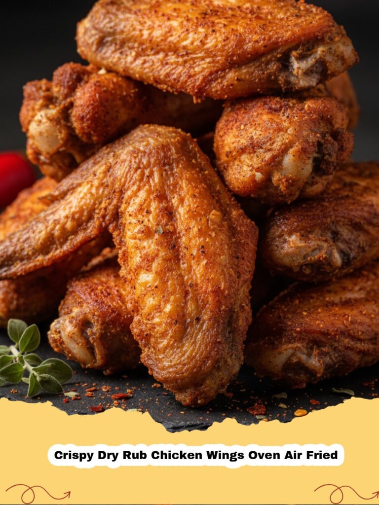 Crispy Dry Rub Chicken Wings Oven Air Fried - Pile of golden brown crispy dry rub chicken wings on a serving platter, with a small bowl of dip on the side.