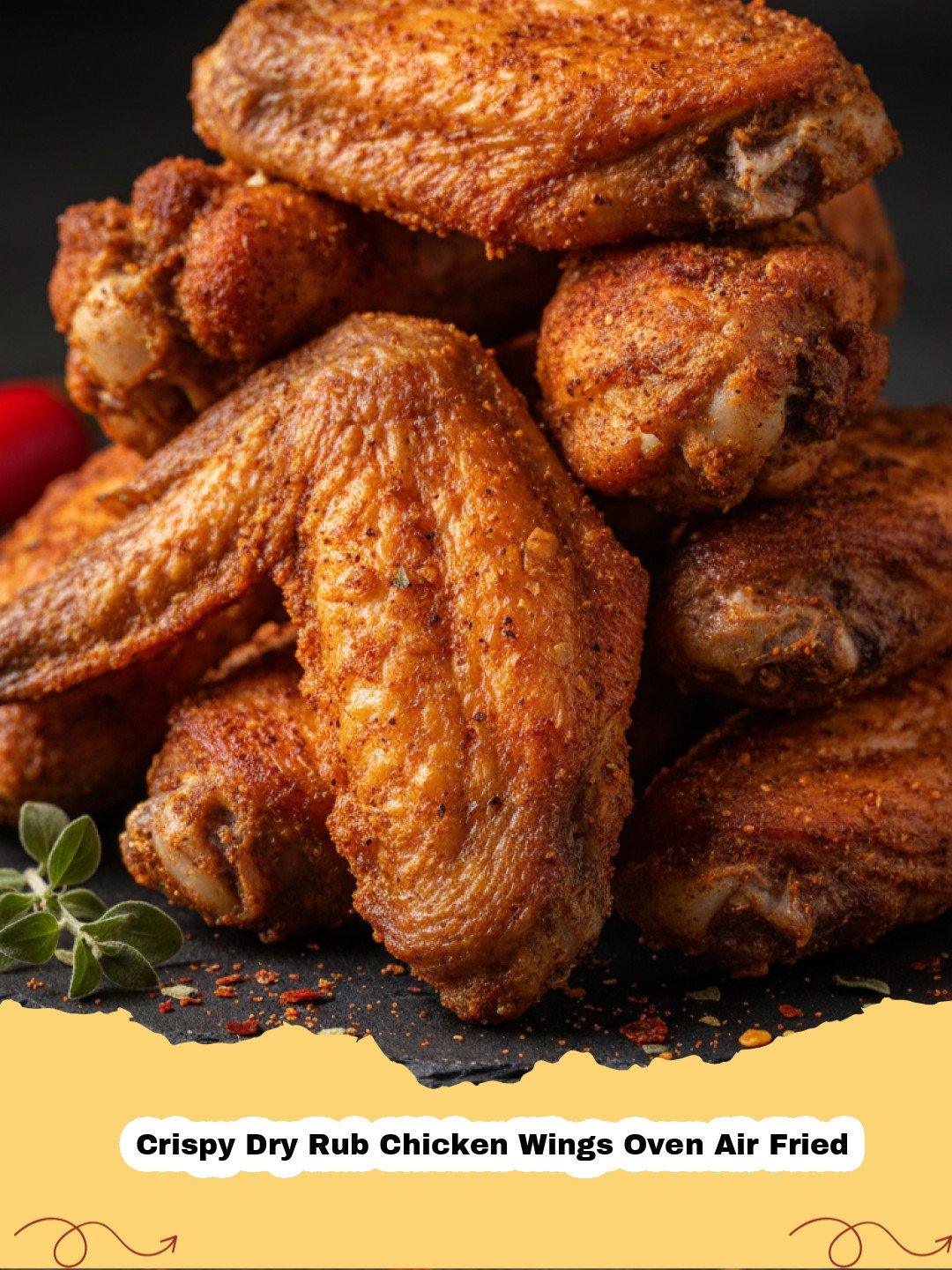 Crispy Dry Rub Chicken Wings Oven Air Fried - Pile of golden brown crispy dry rub chicken wings on a serving platter, with a small bowl of dip on the side.
