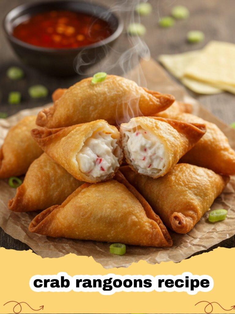 crab rangoons recipe - Pile of crispy golden homemade crab rangoons on a white plate with a small bowl of sweet and sour sauce.