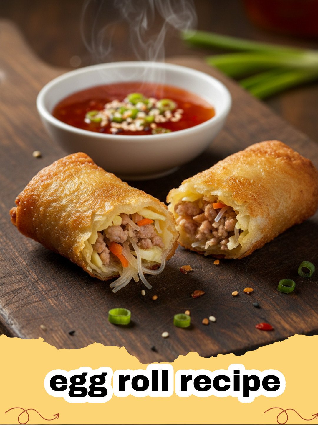 egg roll recipe - Crispy golden homemade egg rolls on a platter with dipping sauce