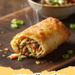 egg roll recipe - Pile of crispy homemade egg rolls on a wire rack with dipping sauce in the background