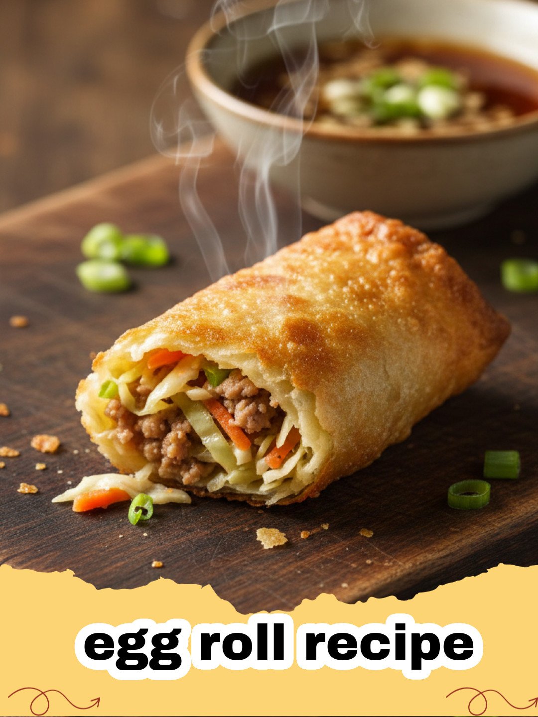 egg roll recipe - Pile of crispy homemade egg rolls on a wire rack with dipping sauce in the background