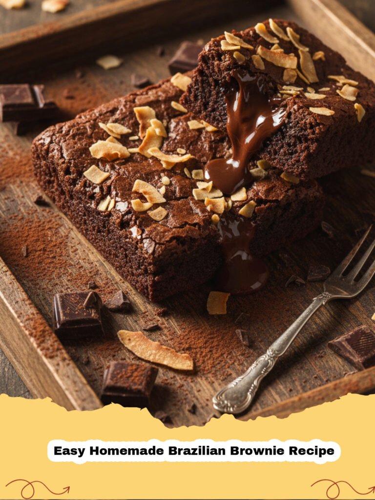 Easy Homemade Brazilian Brownie Recipe - Close-up of fudgy Easy Homemade Brazilian Brownies with a rich, dark interior.