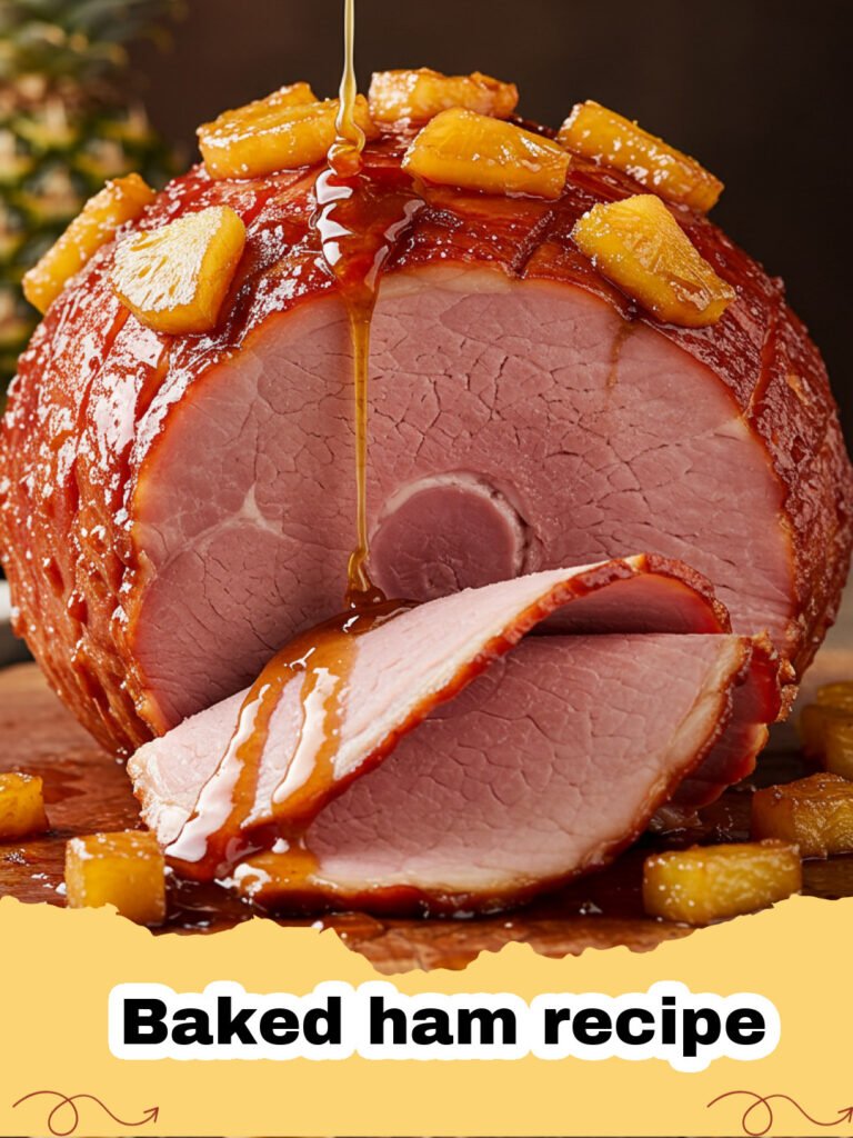 Baked ham recipe - A beautifully glazed holiday baked ham on a serving platter decorated with rosemary.