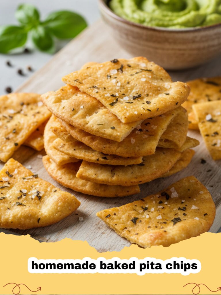 Pile of golden brown homemade baked pita chips on a white plate with a side of creamy hummus and fresh parsley.
