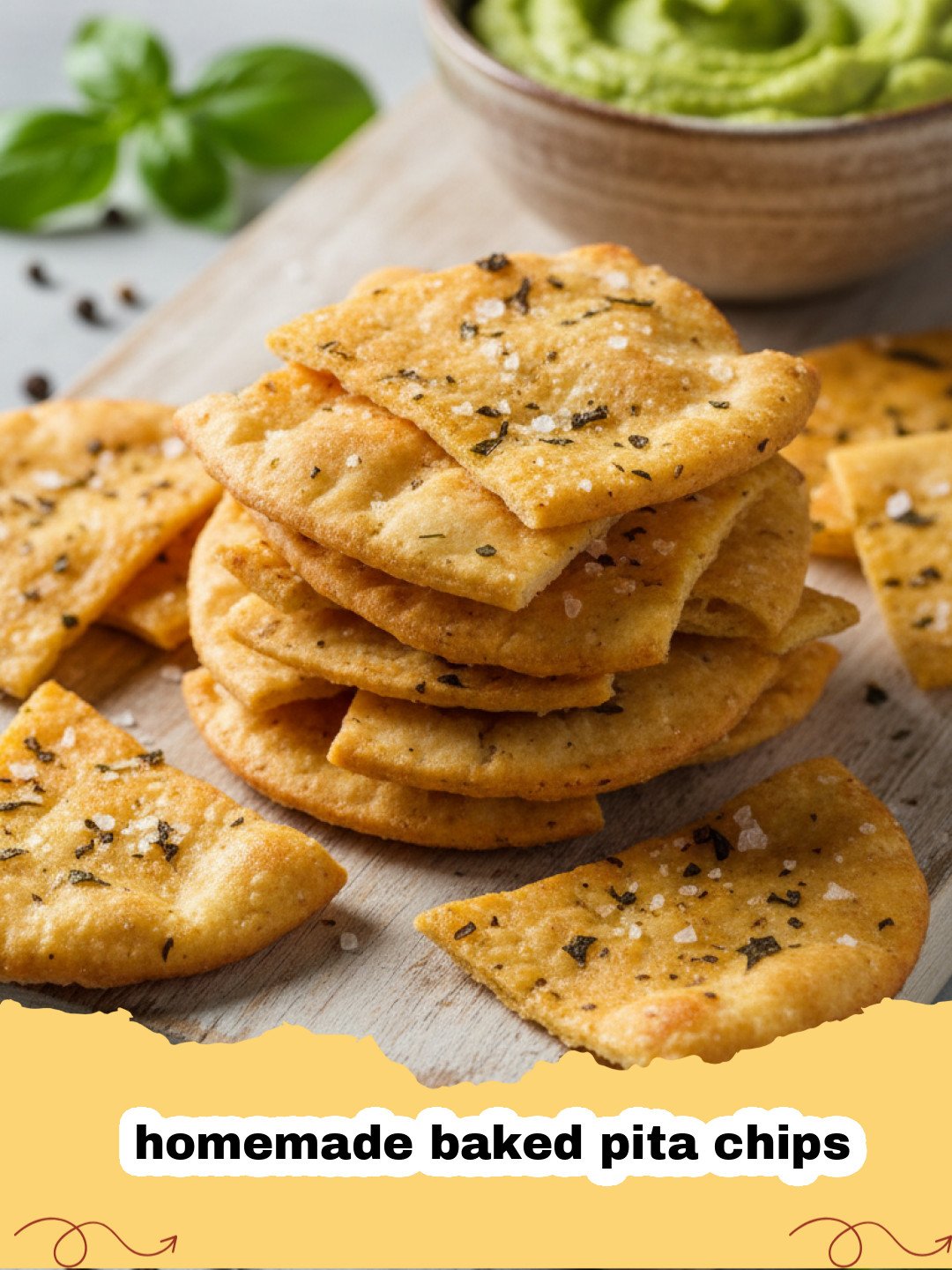 Pile of golden brown homemade baked pita chips on a white plate with a side of creamy hummus and fresh parsley.