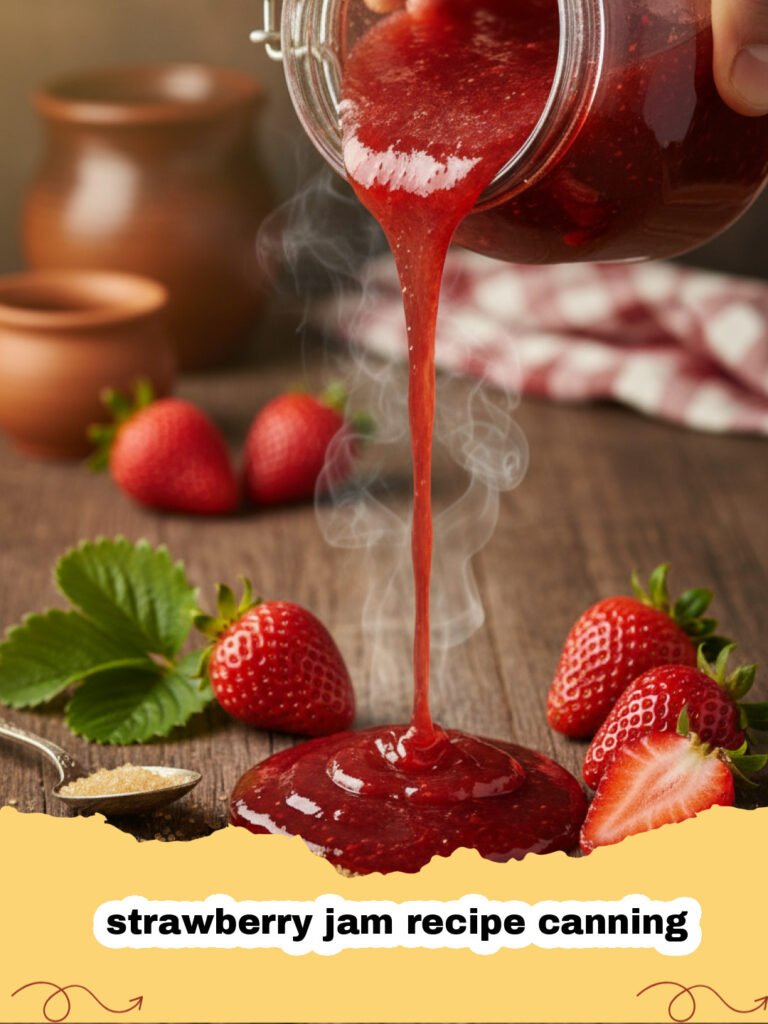 strawberry jam recipe canning - Vibrant jars of homemade strawberry jam on a rustic wooden table.