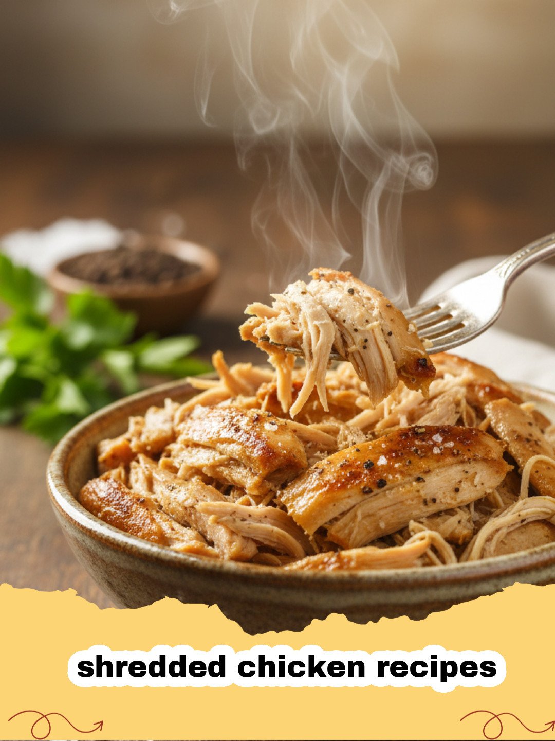 shredded chicken recipes - Pile of perfectly shredded cooked chicken on a wooden cutting board with two forks