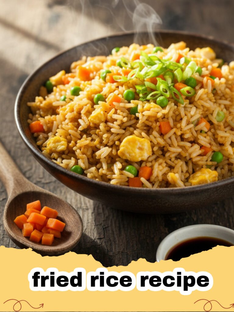 fried rice recipe - A steaming plate of classic easy fried rice with chicken, peas, carrots, and scrambled egg, garnished with green onions.