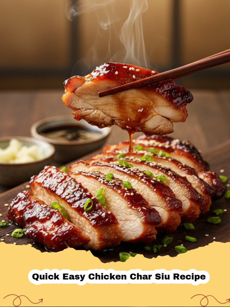 Quick Easy Chicken Char Siu Recipe - Close-up of perfectly glazed and sliced Quick Easy Chicken Char Siu served over rice with green onions.