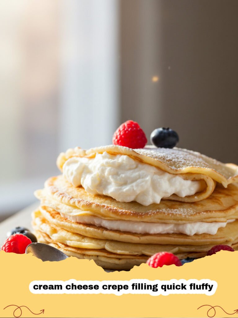 cream cheese crepe filling quick fluffy - Fluffy cream cheese crepe filling being spread onto a crepe with fresh berries and powdered sugar garnish.