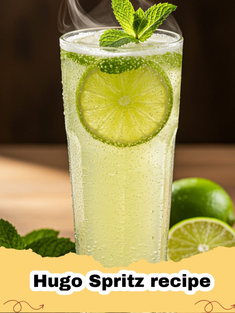 Hugo Spritz recipe - A glass of Hugo Spritz cocktail with mint and lime on a summer table