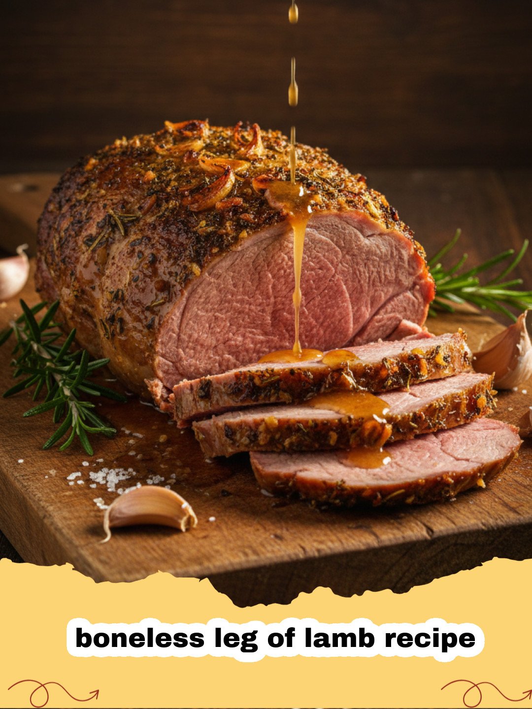 boneless leg of lamb recipe - Slices of herb-crusted boneless leg of lamb on a serving platter with rosemary sprigs.