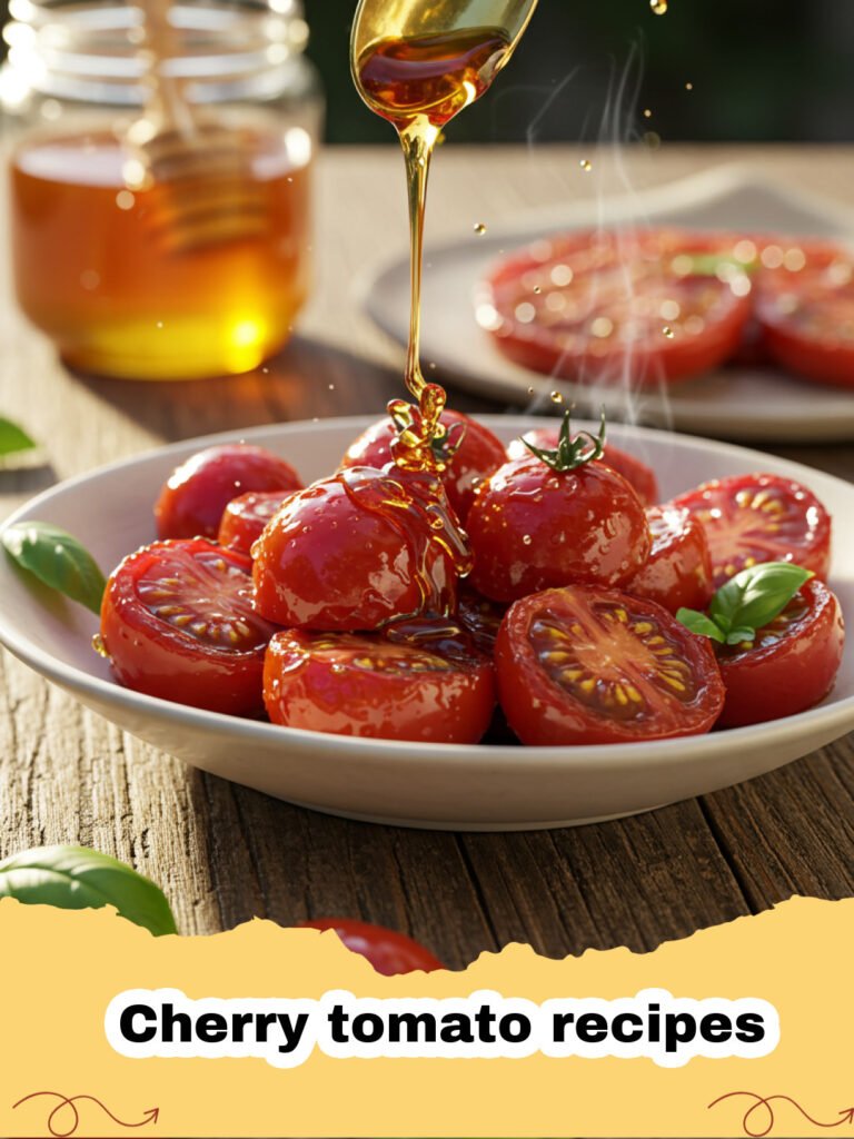 Cherry tomato recipes - A bowl of spaghetti topped with roasted cherry tomatoes, garlic, and fresh basil.