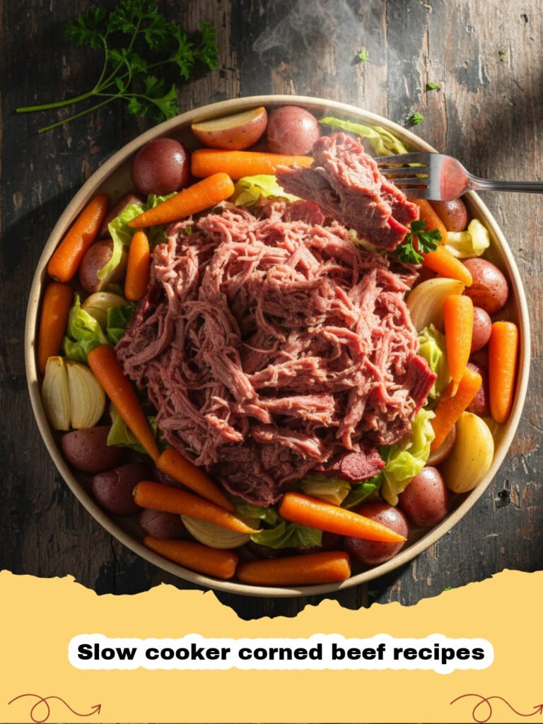 Slow cooker corned beef recipes - Tender sliced corned beef with cabbage and carrots in a slow cooker pot