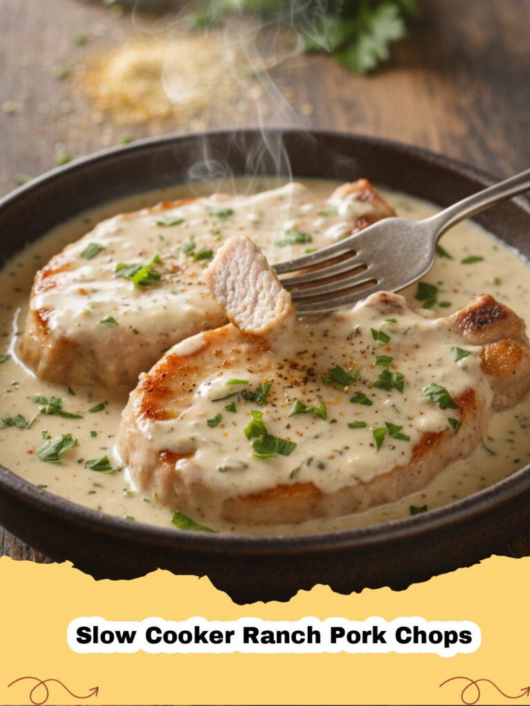 Slow Cooker Ranch Pork Chops - Tender slow cooker ranch pork chops with creamy gravy served over mashed potatoes