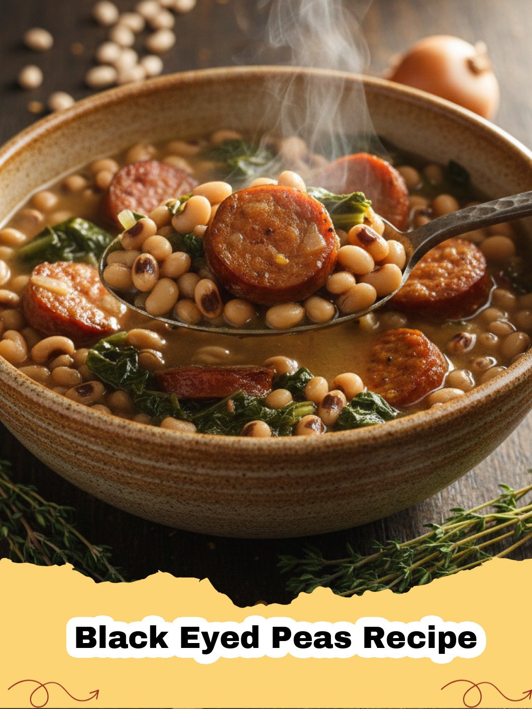 Black Eyed Peas Recipe - A steaming bowl of classic Southern black eyed peas with ham hock, garnished with fresh parsley, served with cornbread.
