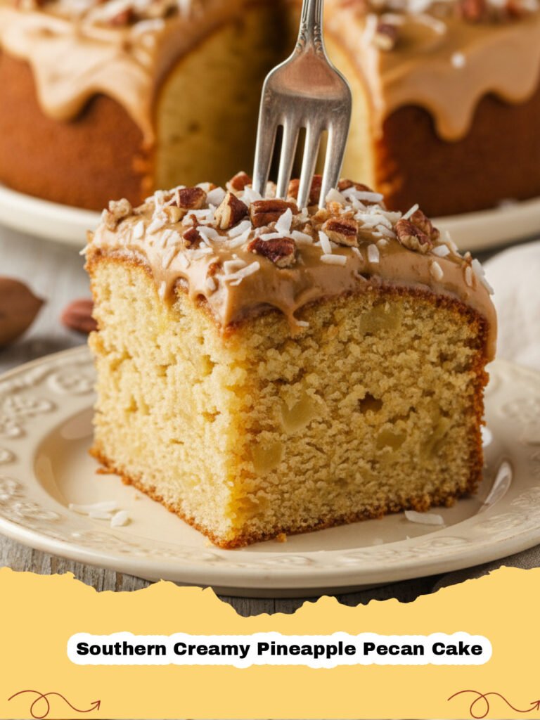 A beautifully frosted Southern Creamy Pineapple Pecan Cake with pecan garnish on a white cake stand.